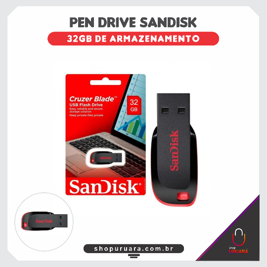 SHOPURUARA Pendrive SanDisk Cruzer Blade 32GB 2.0 preto e vermelho